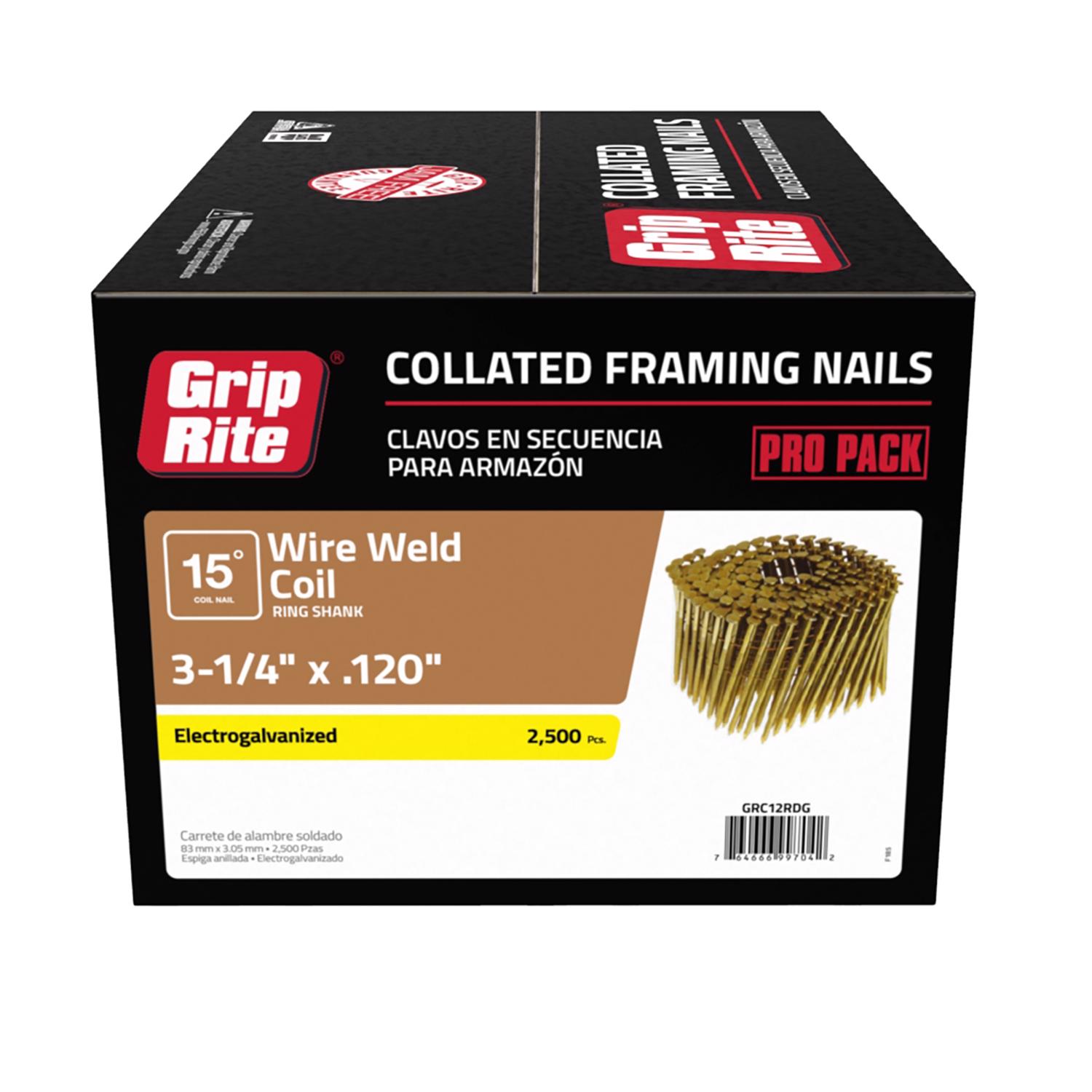 Grip-Rite 3-1/4 in. 11 Ga. Angled Coil Electro Galvanized Framing Nails 15 deg 2500 pk