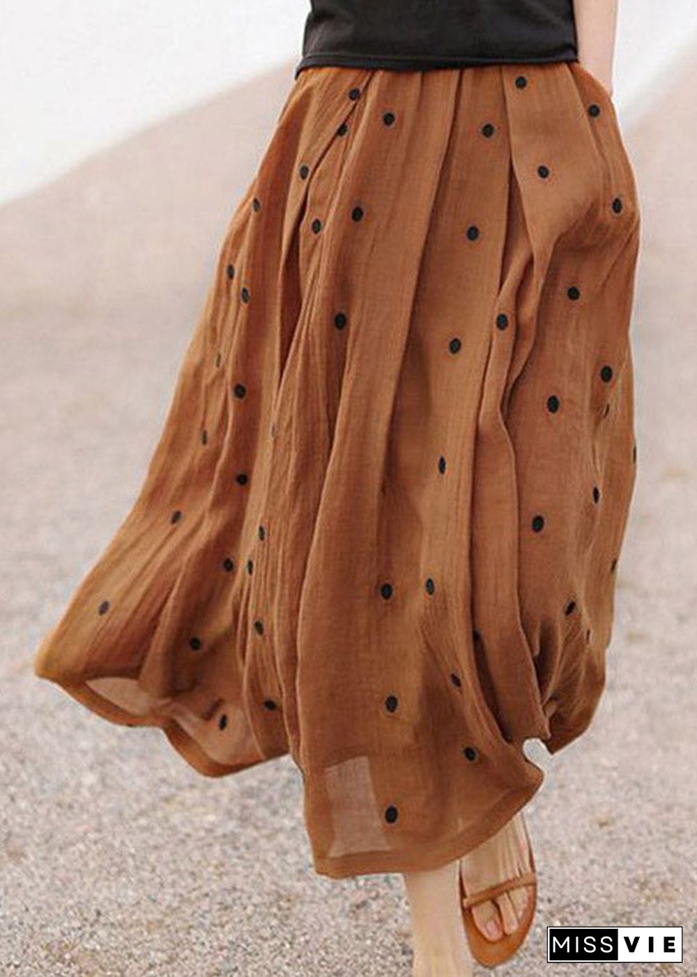 Retro Chocolate-Flower3 Print Pockets Linen Skirt Summer