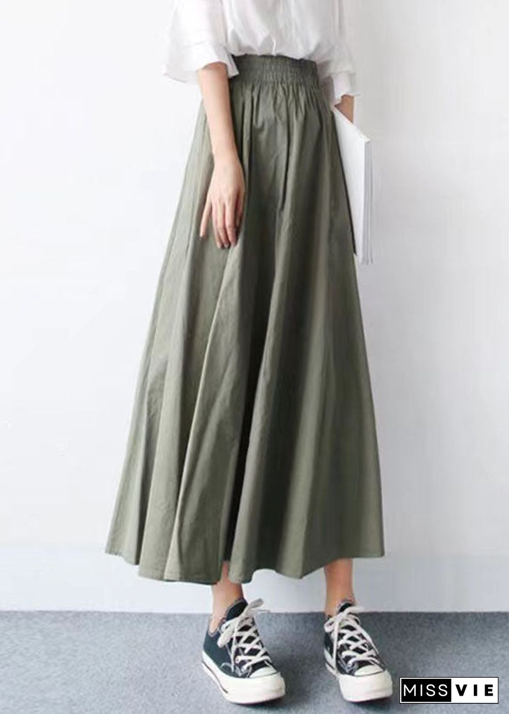 Stylish Green Wrinkled Patchwork Exra Large Hem Cotton Skirts Summer