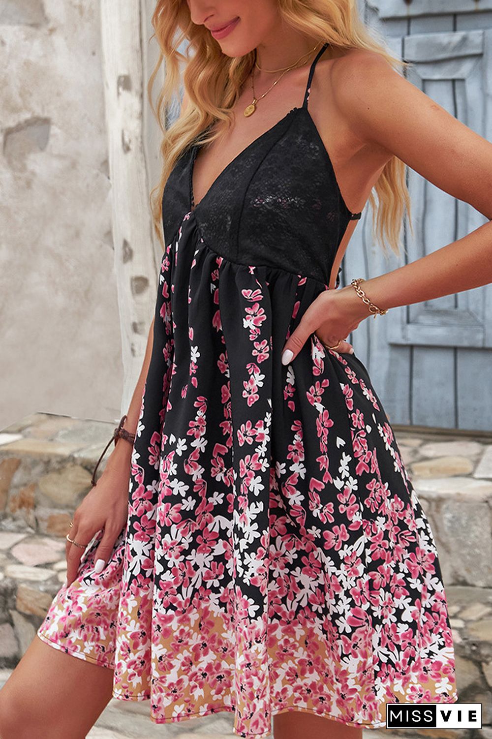 V Neck Lace Bust Backless Floral Dress