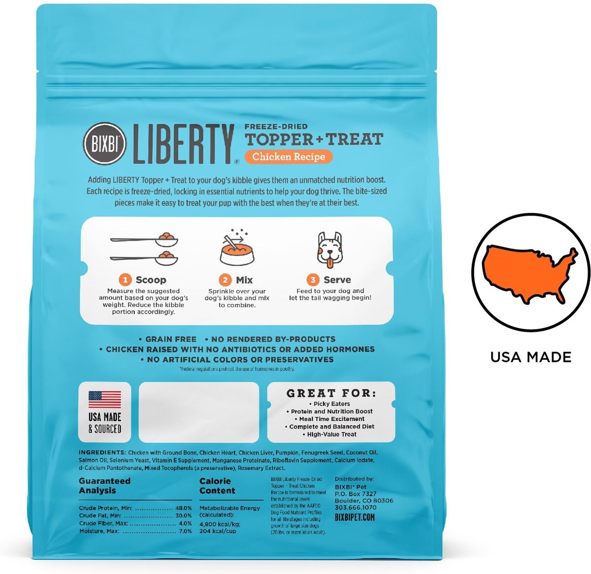 BIXBI Liberty Chicken Recipe Freeze-Dried Dog Topper and Treat， 4.5-oz bag