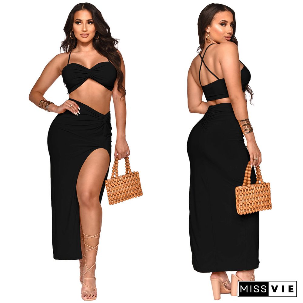 Camisole Crop Top Ruched High Split Skirt Set