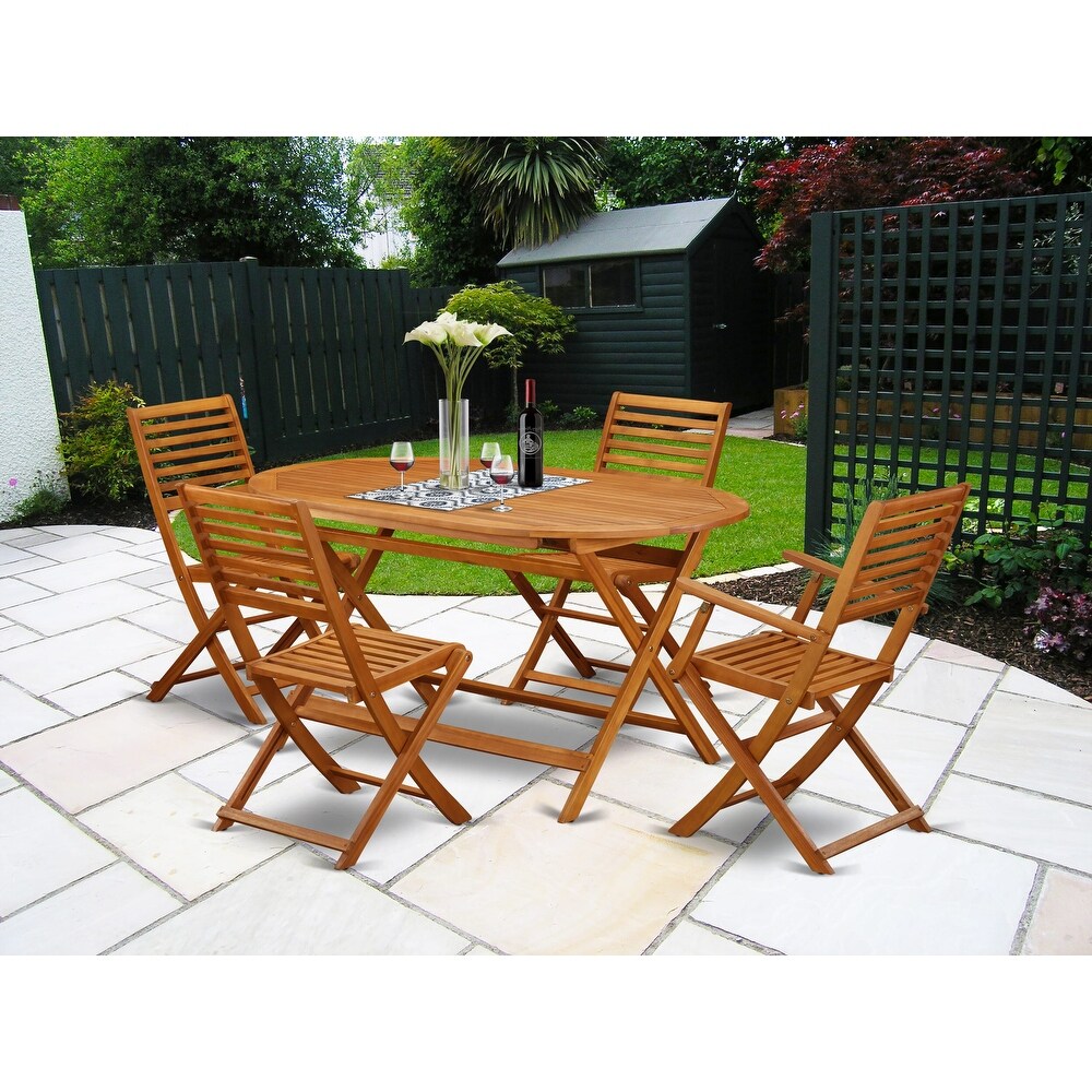 East West Furniture Patio Set  an Oval Outdoor Table and Folding Arm Chairs with Side Chairs  Natural Oil (Pieces Options)