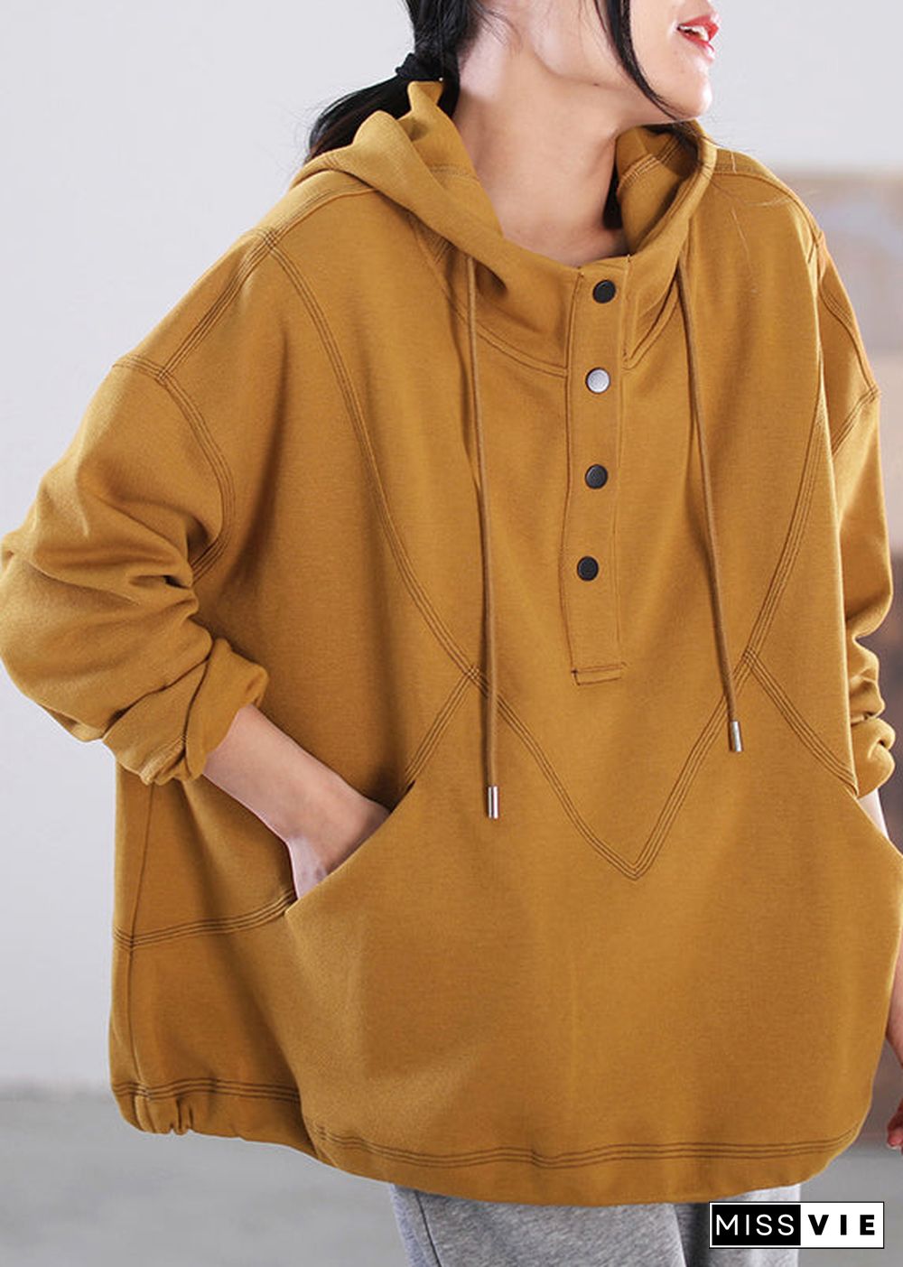 Simple Beige Patchwork Drawstring Button Pockets Hooded Sweatshirts Long Sleeve