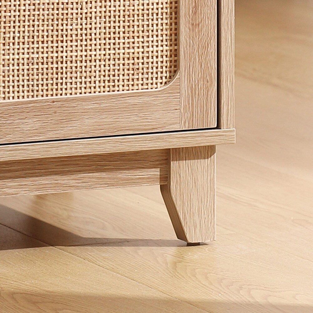 Rattan Nightstand with Charging Station  Boho Side Table with Handmade Rattan Decorated Drawer and Door