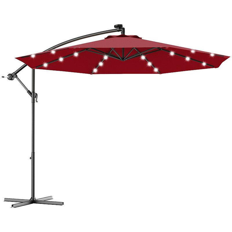 10 Feet Patio Hanging Solar LED Umbrella Sun Shade with Cross Base