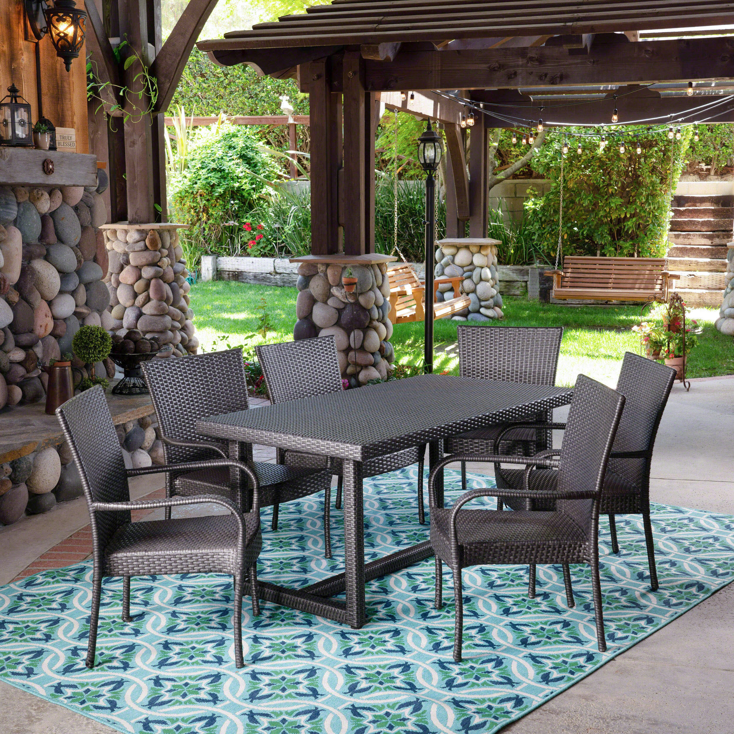 Liam Outdoor 7 Piece Wicker Dining Set, Grey