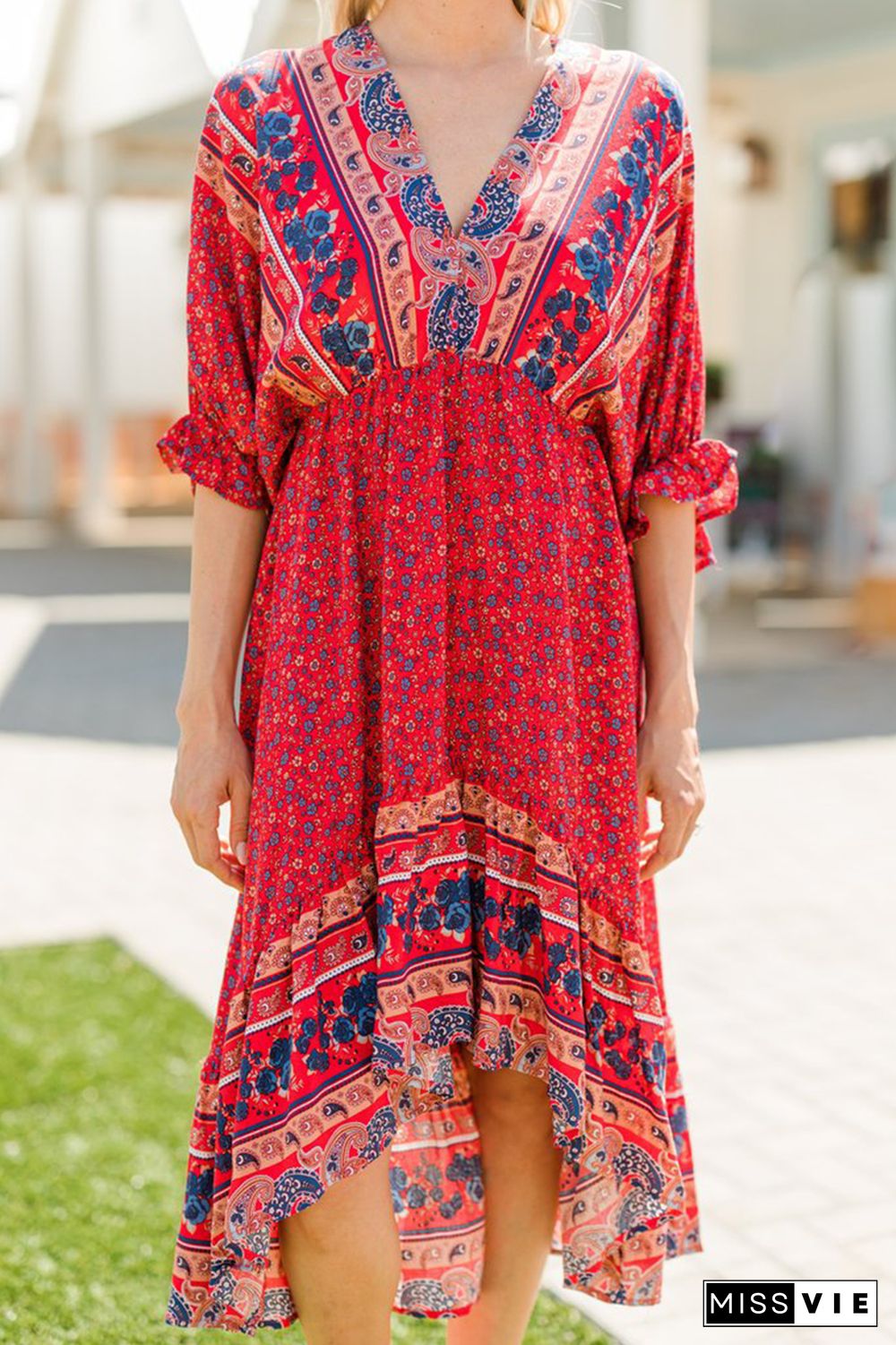 Casual Print Split Joint V Neck Irregular Dress Dresses