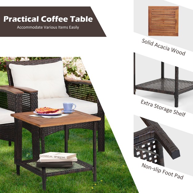 Costway 5pcs Patio Rattan Furniture Set Acacia Wood Table Armrest Cushion Yard