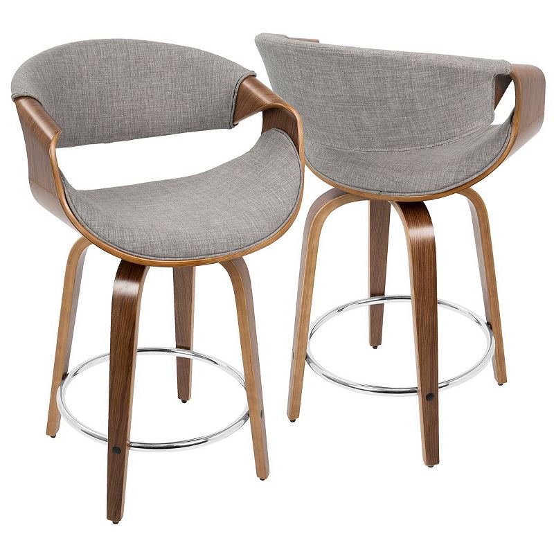 Set of 2 Walnut Wood and Light Gray Fabric Swivel Indoor Comfortable Counter Stools 34.75