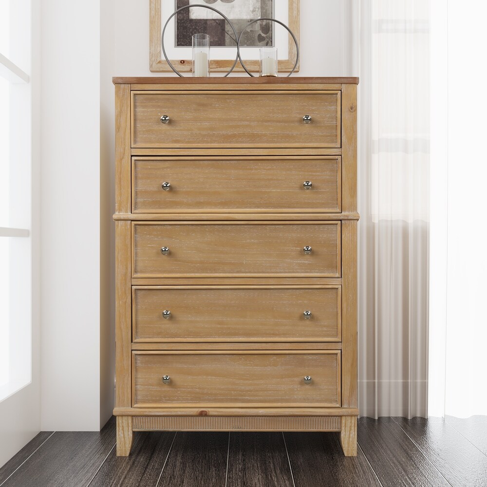 Chic Hazel Bedroom 5 Drawers Chest with Natural Finish Solid Pine Wood