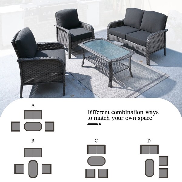 HOOOWOOO Outdoor 4piece Wicker Conversation Sofa Set with Glass Coffee Table