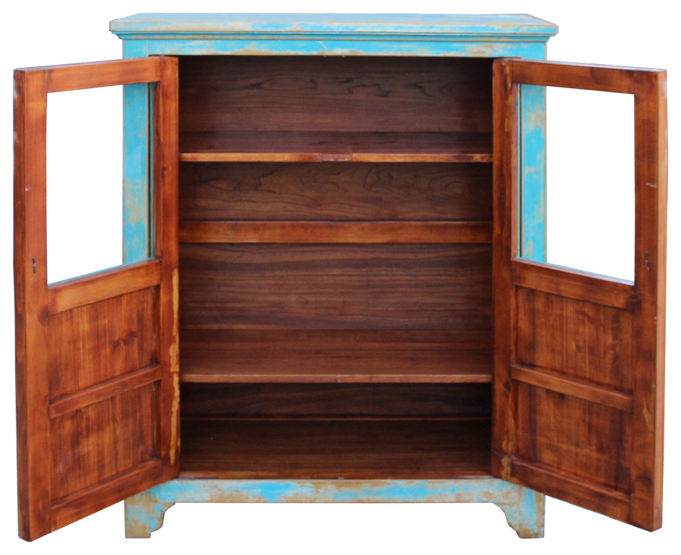 Distressed Bright Blue Glass Display Bookcase Curio Cabinet Hcs5382   Farmhouse   Bookcases   by Golden Lotus Antiques  Houzz