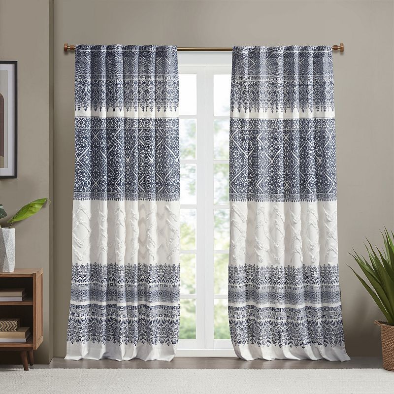 INK+IVY Mila Cotton Light Filtering Printed Rod Pocket 1 Window Curtain Panel with Chenille Detail