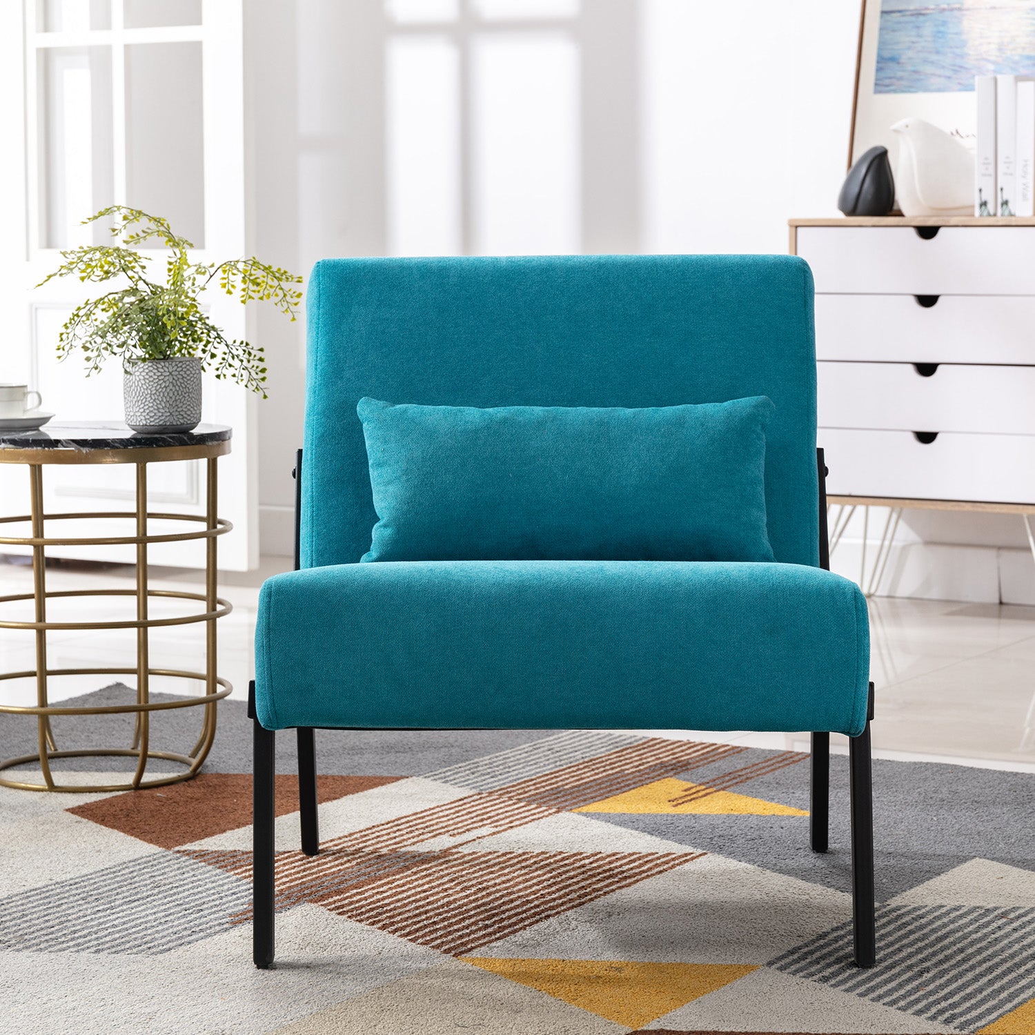 Fabric Accent Chair Fabric Sofa Chair Metal Tapered Leg Modern Comfy Decorative Livingroom Single Sofa Club Leisure Sofa Upholstered Sofa Chairs with Pillow & Metal Feet, Peacock Blue