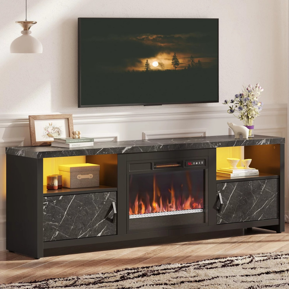 Modern TV Stand  Electric Fireplace  ampUpper Shelves With LED Light   Modern   Entertainment Centers And Tv Stands   by Declusia  Houzz