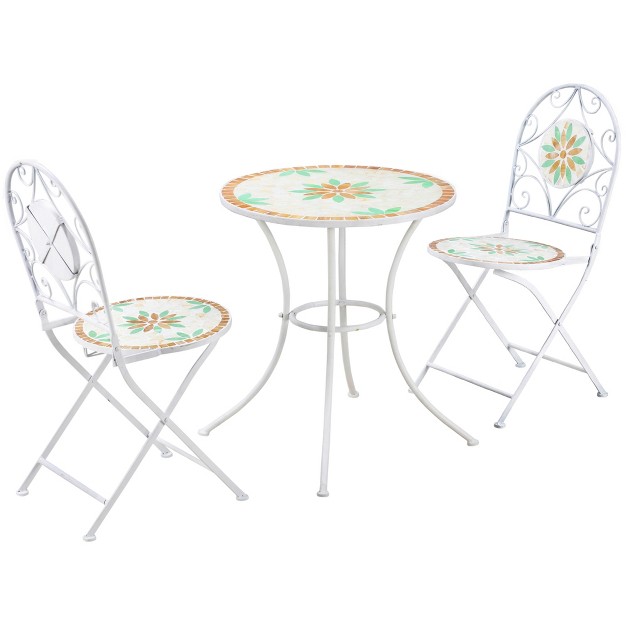 Outsunny 3 Piece Patio Bistro Set Metal Folding Chairs Foldable Outdoor Dining Table Stone Flower Mosaic Spring Flower Pattern White