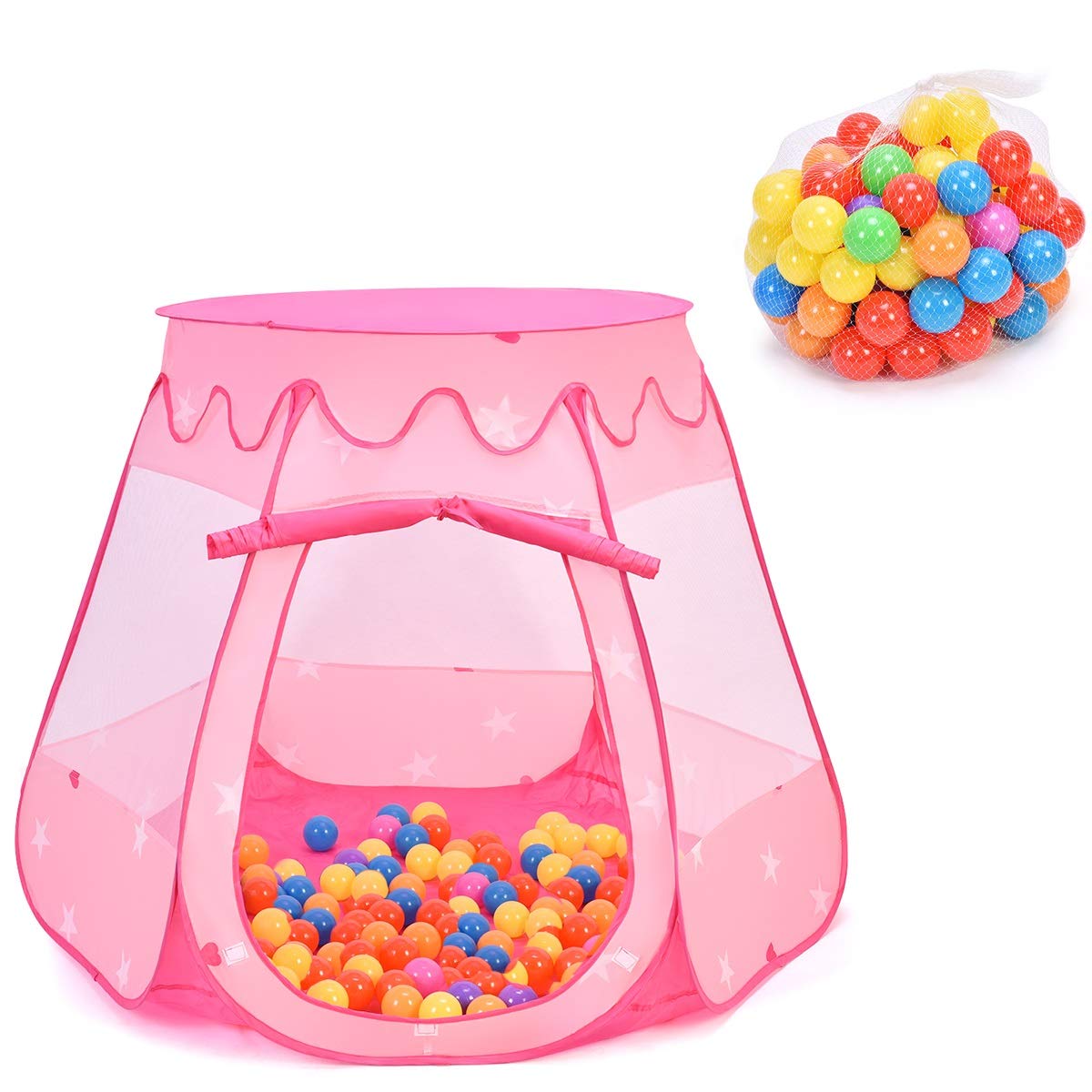 Costzon Princess Pop Up Tent w/ 100 Balls Included, Foldable Portable Children Play Tent with Carrying Bag