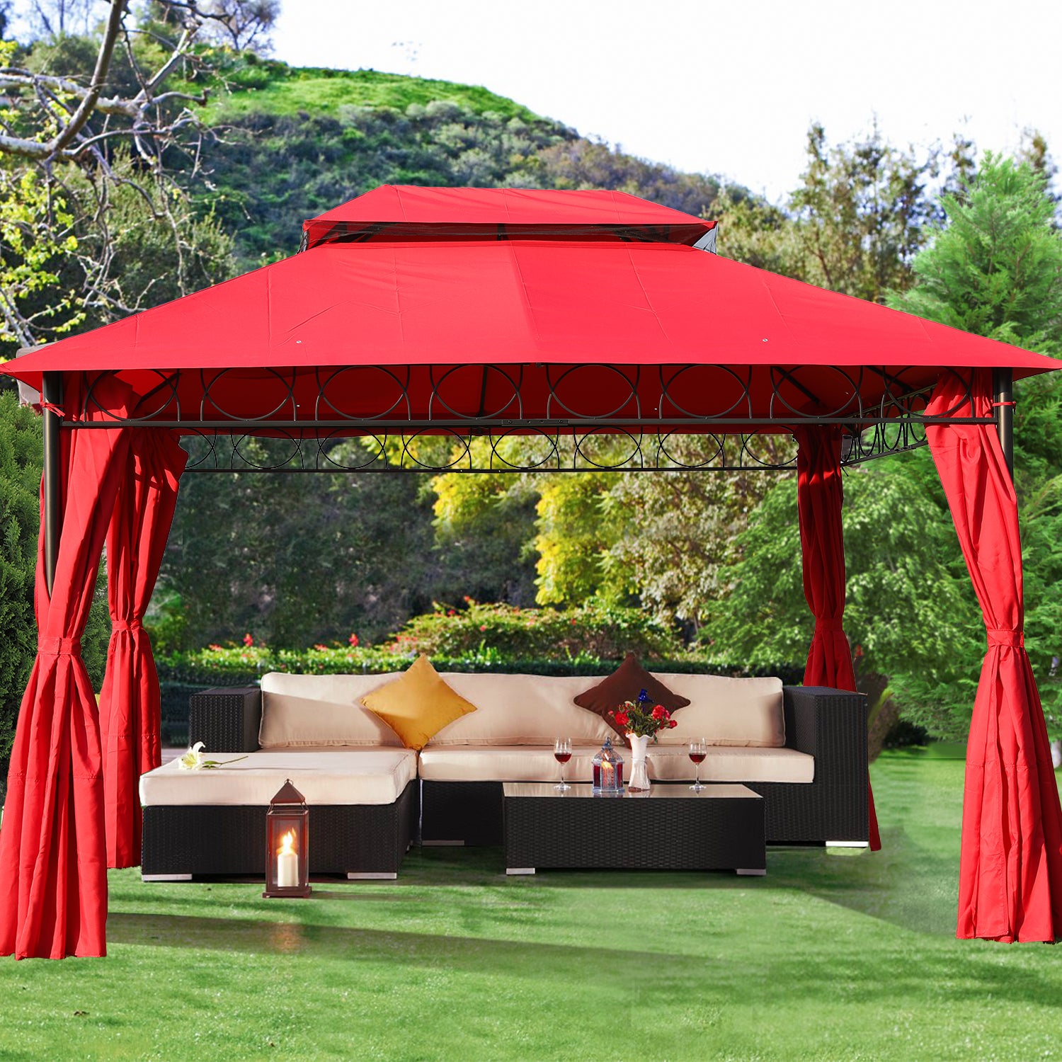 10'x13' Gazebo UV Protection Outdoor Canopy Tent Double Vented Roof Gazebos with 4 Sidewall for BBQ Party Patio Outdoor,Red