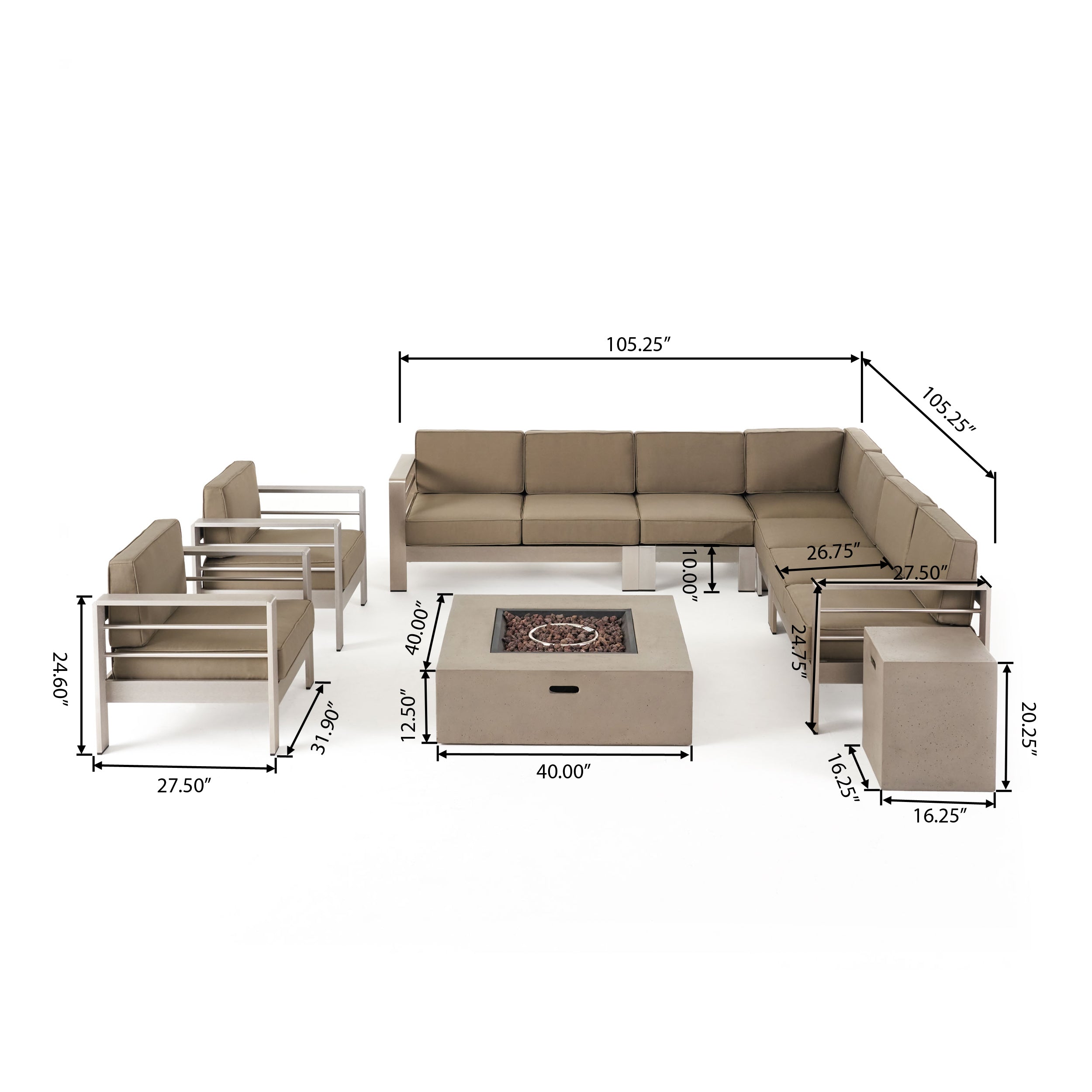 Danae Coral Outdoor 9 Seater Aluminum L-Shaped Sofa Sectional and Fire Pit Set