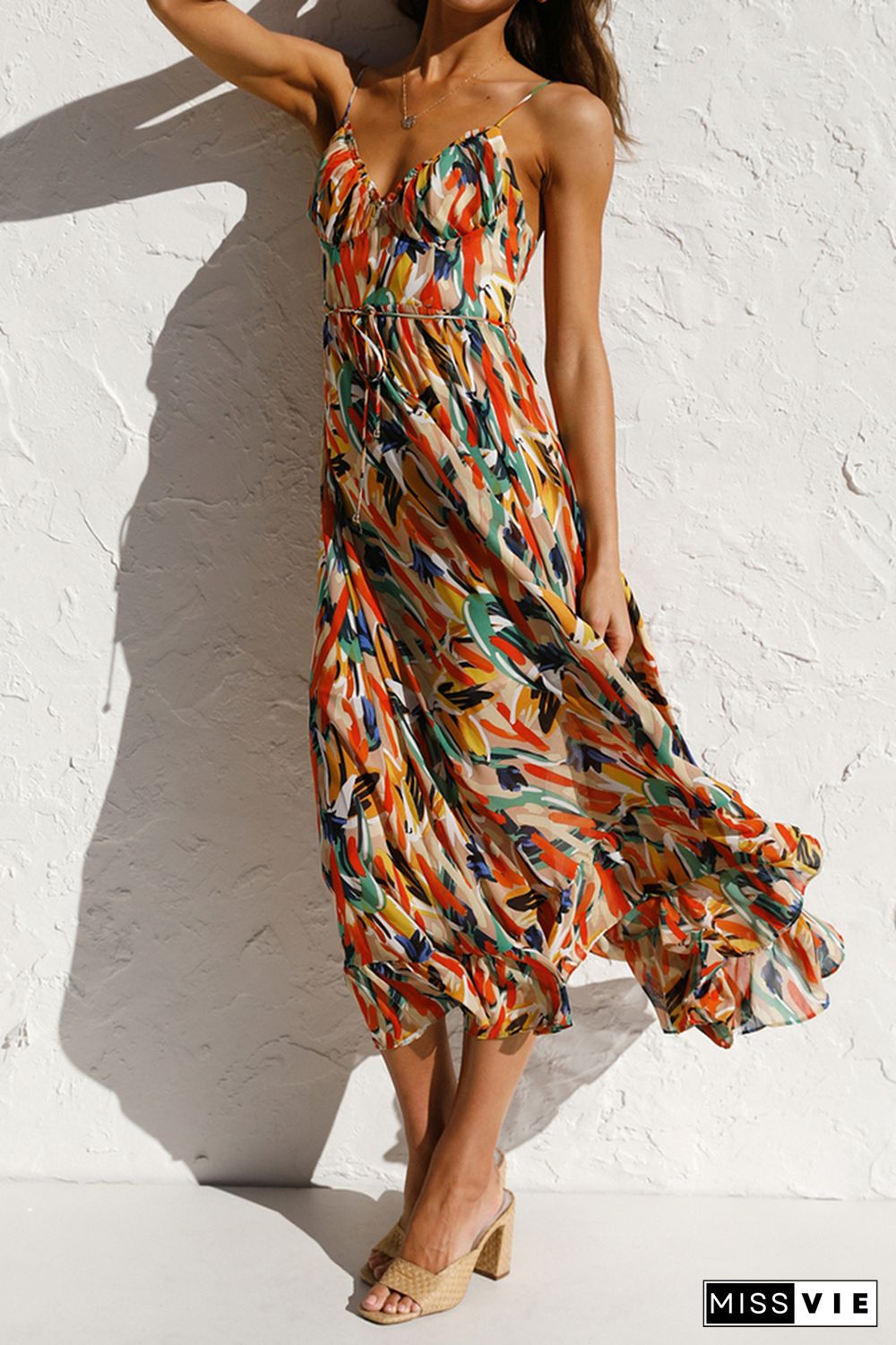 V Neck Halter Print Midi Dress Wholesale