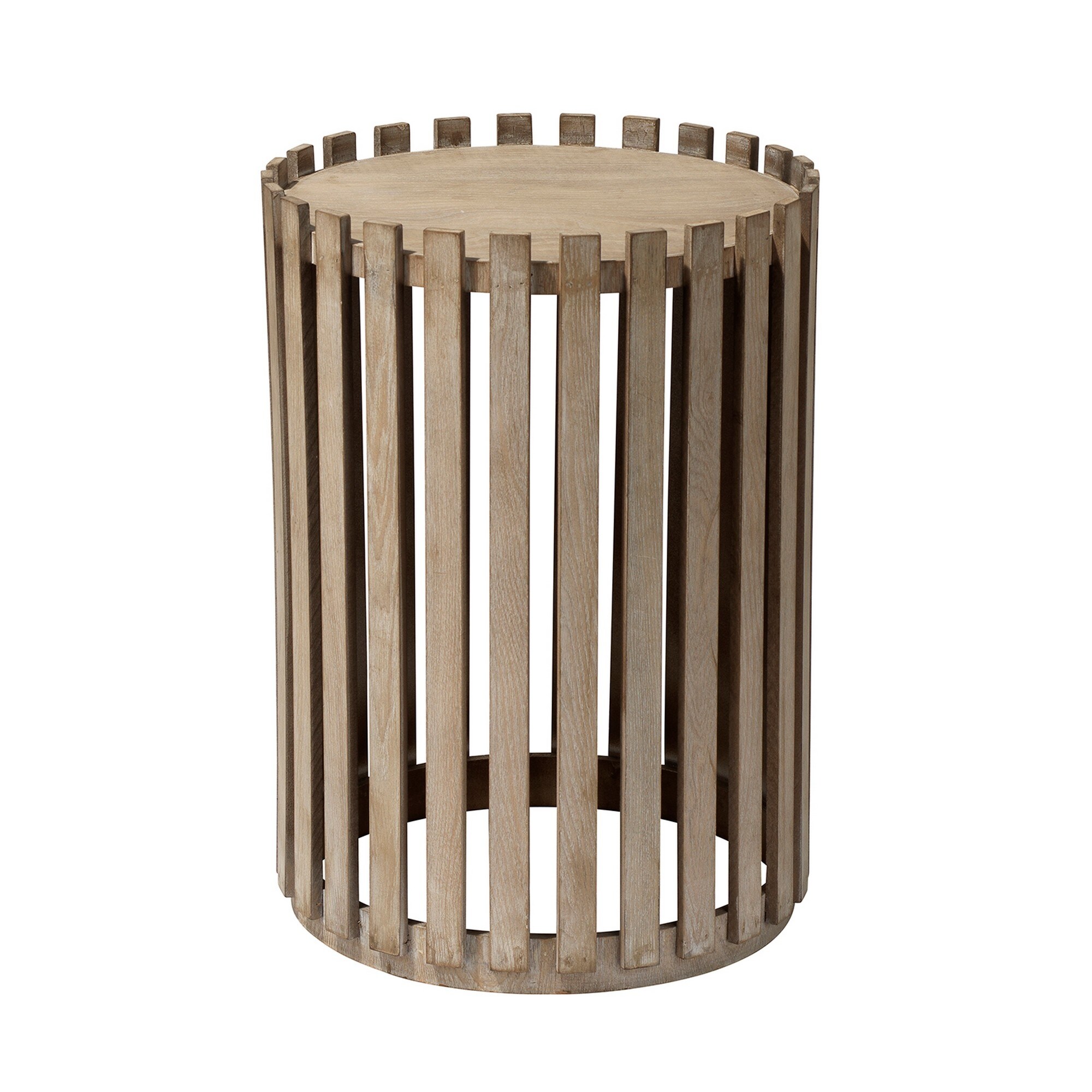 Side Table with Slatted Design Drum Silhouette， Washed brown