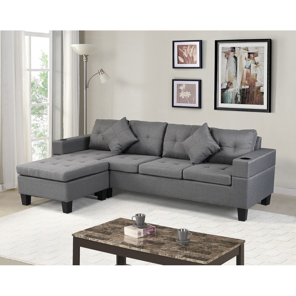 4 seat Straight Row Sectional Sofa Linen Chaise Lounge Couch with 2 Cup Holders and 2 Throw Pillows  for Living Room