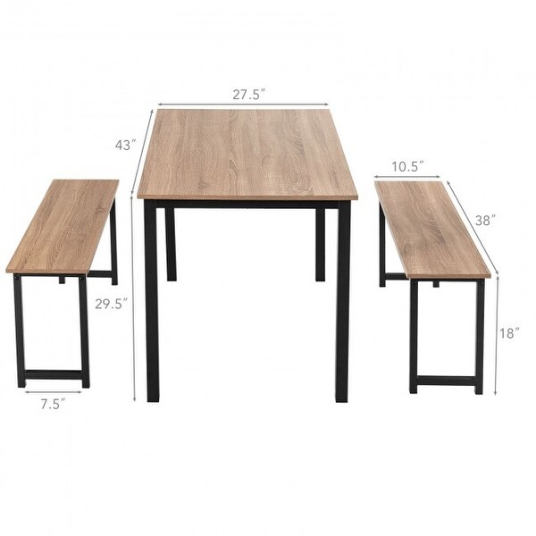 3 Pieces Modern Dining Table Bench Set with Wooden Tabletop and Metal Frame