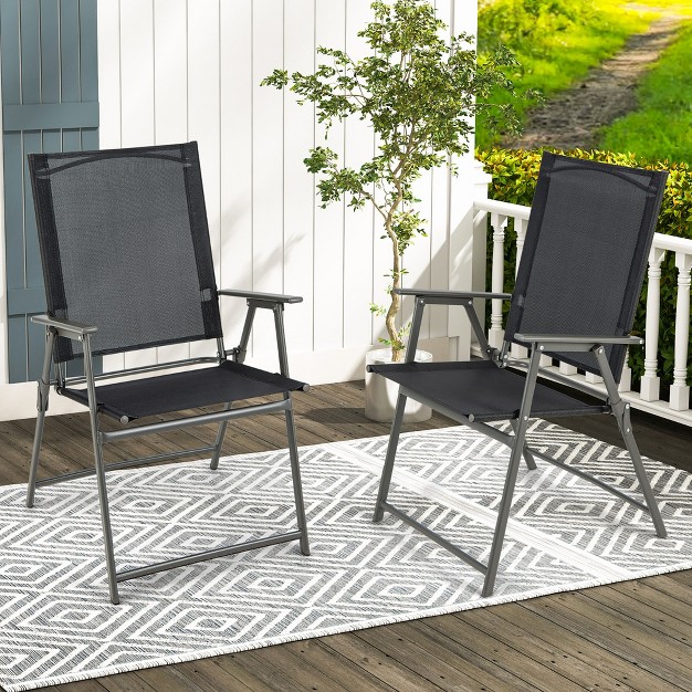 Costway 2pcs Patio Folding Portable Dining Chairs Metal Frame Armrests Garden Outdoor