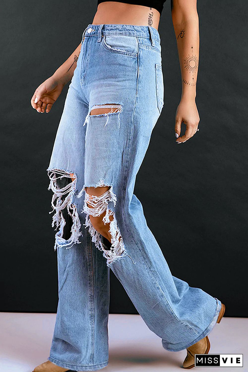 Blue Washed High Waist Ripped Hole Jeans Pants