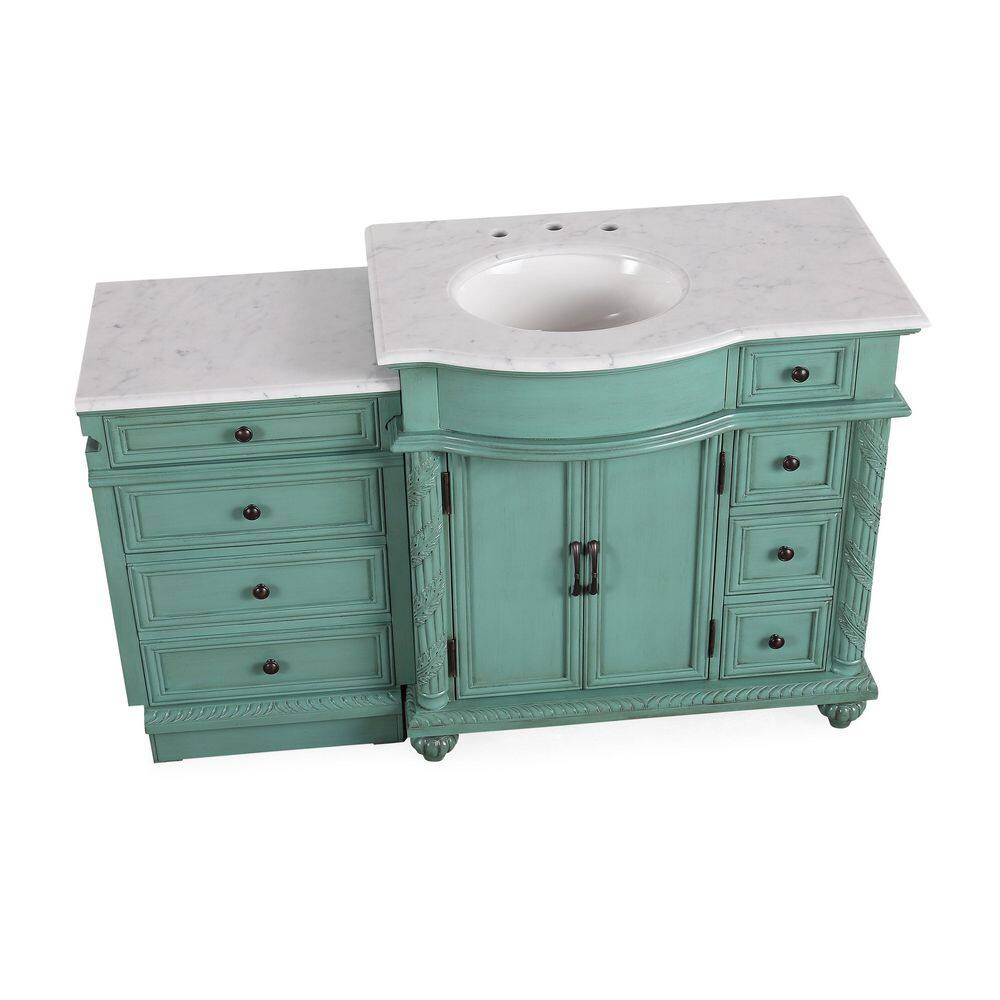 Silkroad Exclusive 55.5 in. W x 22 in. D x 36 in. H Freestanding Bath Vanity in Vintage Green with Carrara White Marble Top V0213NW56L