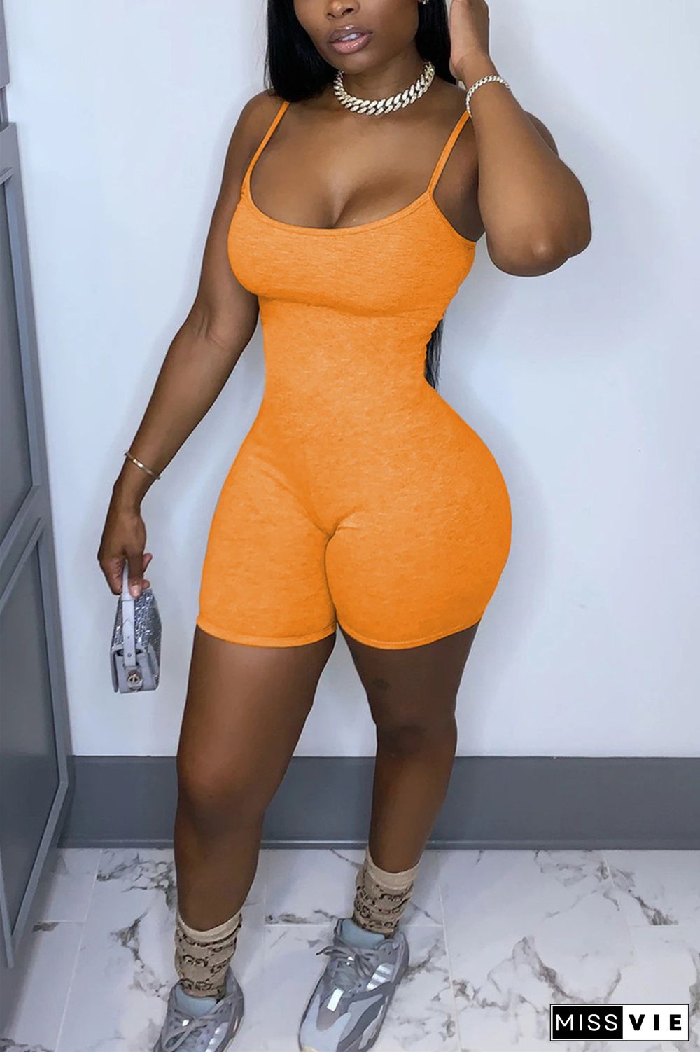 Orange Fashion Sexy Solid Sleeveless Slip Rompers