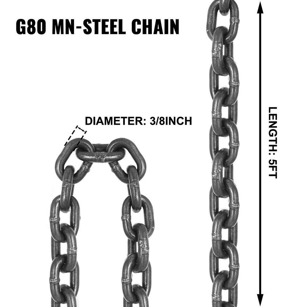 VEVOR 8800 lbs. Load 5 ft. x 38 in. Double Leg Chain Sling G80 Hoist Chain with Grab Hooks for Factory Mining Ports Building GLSJG80SZ10MMX1.5V0