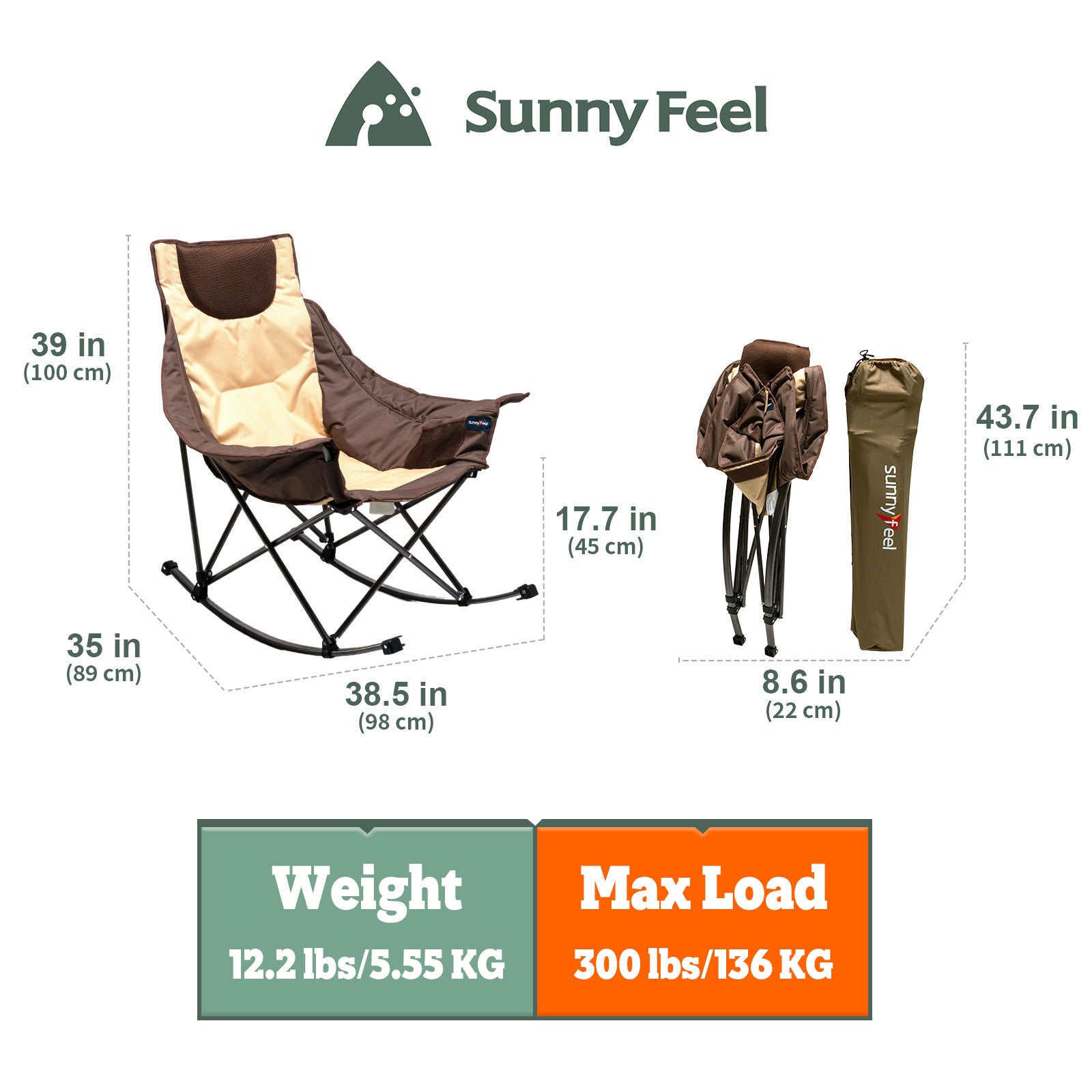 Sunnyfeel Camping Rocking Chair for Adults, Luxury Padded Recliner, Oversized Folding Rocker Lawn Chair (Caramel)