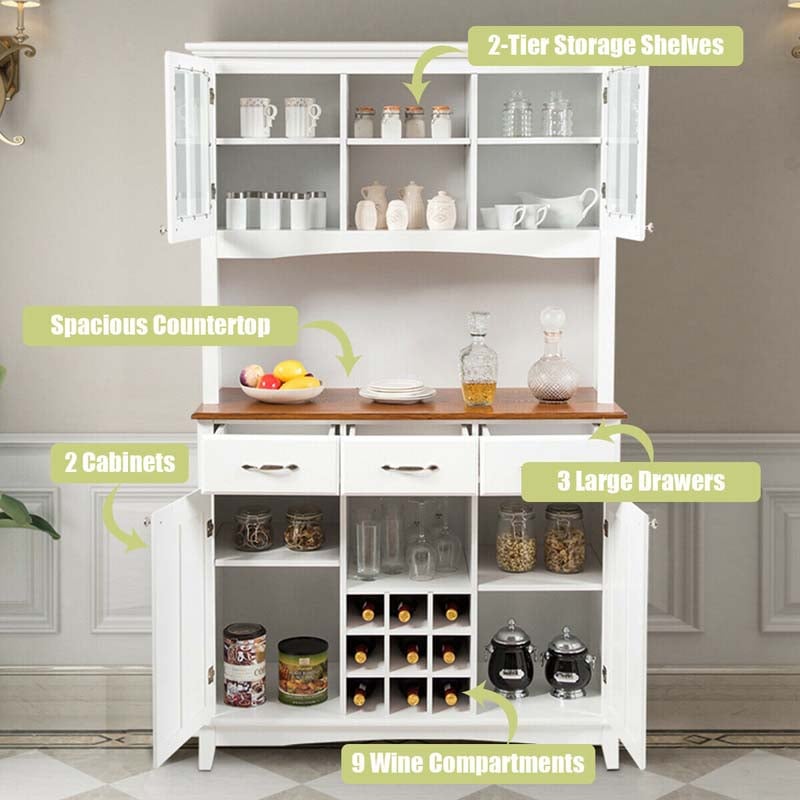 Wood Buffet Hutch Cabinet Kitchen Hutch Sideboard Kitchenware Server with 3 Large Drawers & 9 Wine Grids