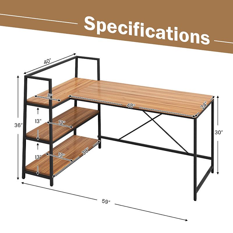 Reversible L Shaped Computer Corner Workstation with 3-Tier Open Shelf