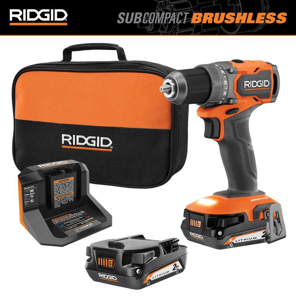 RIDGID 18V SubCompact Brushless Cordless 12 in. DrillDriver Kit with (2) 2.0 Ah Batteries Charger and Tool Bag R87012K