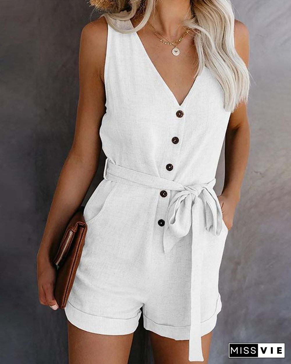 Casual V-neck Button Belt Sleeveless Rompers