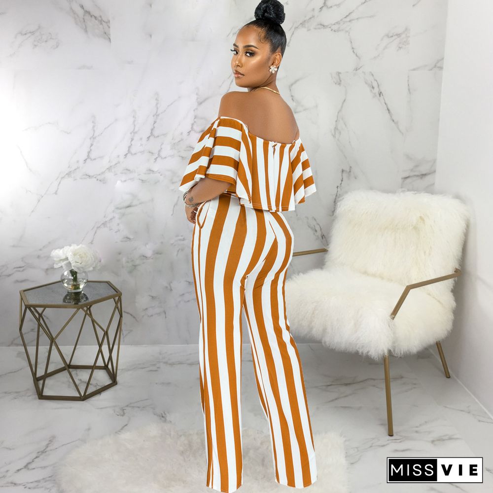 Striped Off Shoulder Wide Leg Jumpsuits