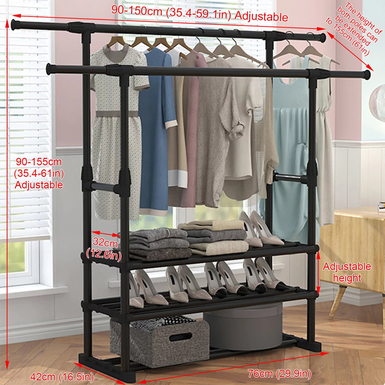 2/3 Layers Double Rail Clothes Garment Rack Heavy Duty Commercial Grade Clothing Black