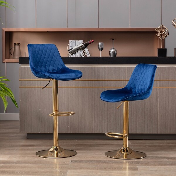 Set of 2 Bar Stools，With Chrome Footrest and Base Swivel Height Adjustable Mechanical Lifting Velvet， Golden Leg