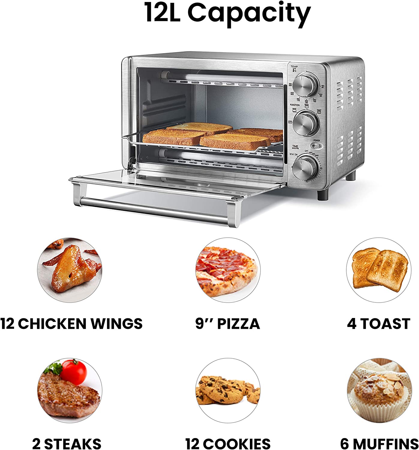 COMFEE' 4 Slice Small Toaster Oven Countertop， 12L with 30-Minute Timer， 3-In-One， Bake， Broil， Toast， 1100 Watts， Dual heating element， Stainless Steel(CFO-BG12(SS))