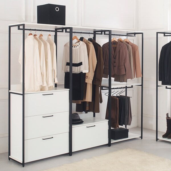 Garment Rack White Freestanding Walk in Wood Closet System with Metal Frame and 4-Drawer， Bedroom Clothing Armoires - - 37828157