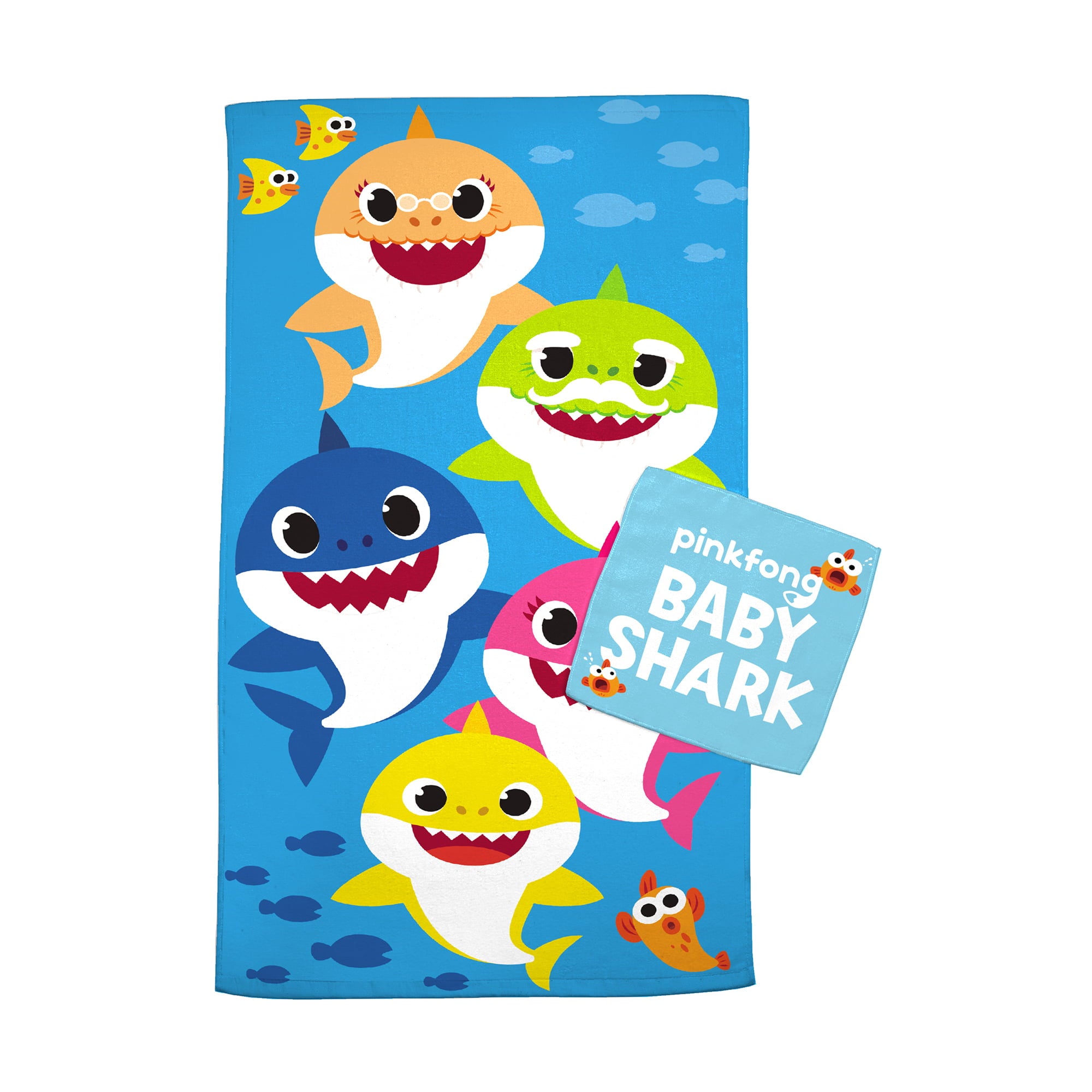 Baby Shark Kids Bath Towel and Wash Cloth， 2-Piece Set， Cotton， Blue， Nickelodeon