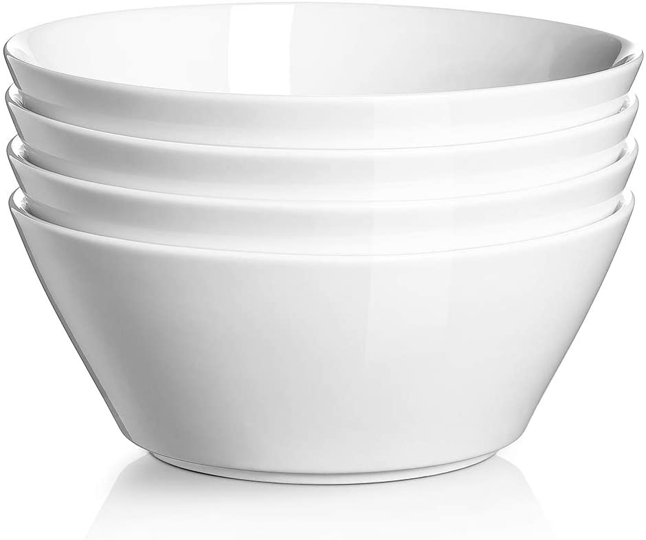 DOWAN Ceramic Soup Bowls， 32 Ounces White Ramen Bowl for Noodle， Porcelain Salad Bowls Set of 4， Large Cereal Bowls for Kitchen