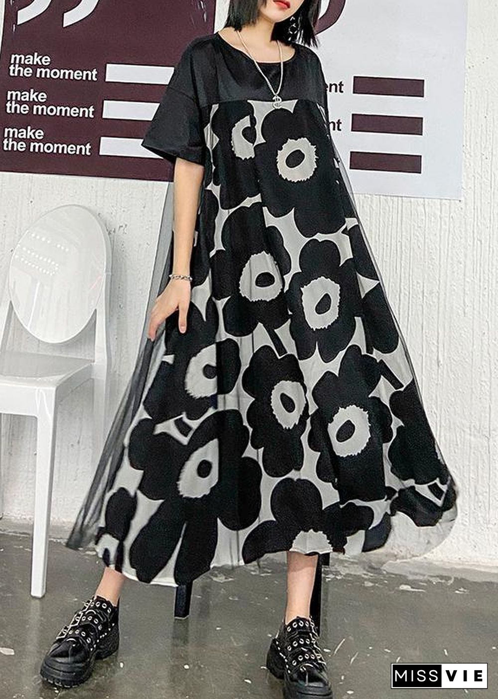 Chic black print quilting clothes o neck patchwork Maxi Dress