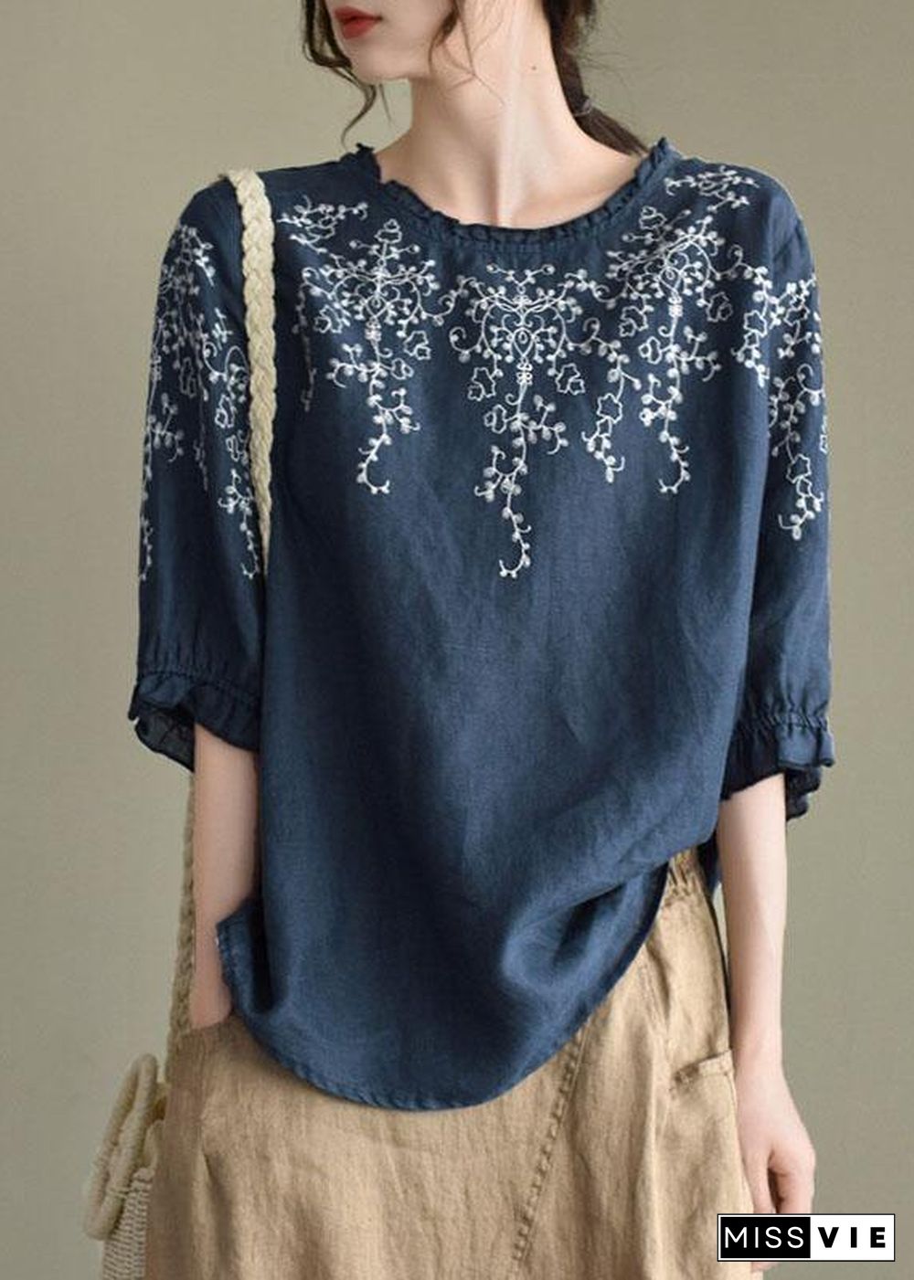 Handmade Navy lantern Sleeve O-Neck Embroideried Summer Ramie Blouses