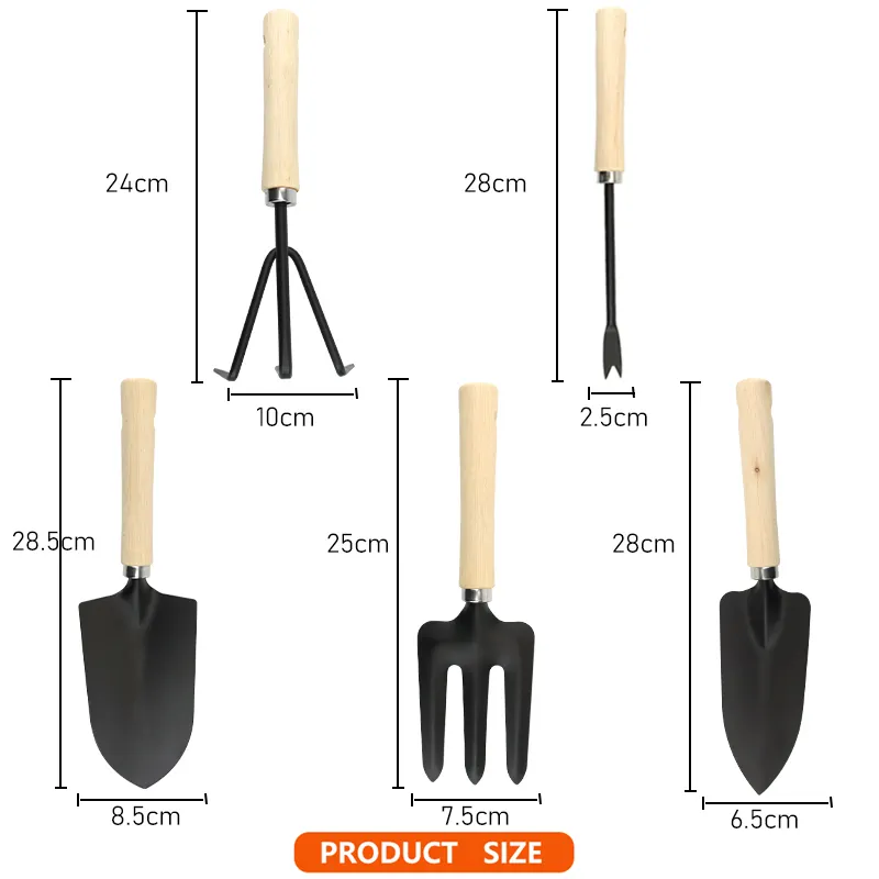 Carbon steel 5 piece gardening hand tools set garden tools high quality wooden handle garden tool kit