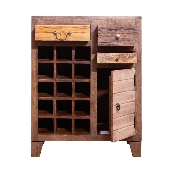 35 Inch 3 Drawer Wooden 15 Bottle Wine Accent Cabinet with 1 Door Storage， Brown