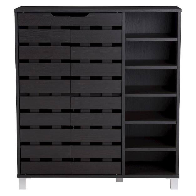 Shirley Modern And Contemporary Wood 2 door Shoe Cabinet With Open Shelves Dark Brown Baxton Studio